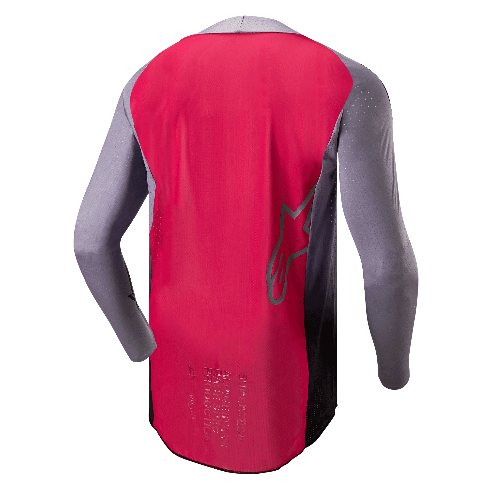 Alpinestars 2024 Supertech Dade Jersey, maillot de motocross, Iron Red Berry et gris, vue arrière montrant la construction en maille respirante, contour du logo étoile Alpinestars et marquage professionnel de spécification course