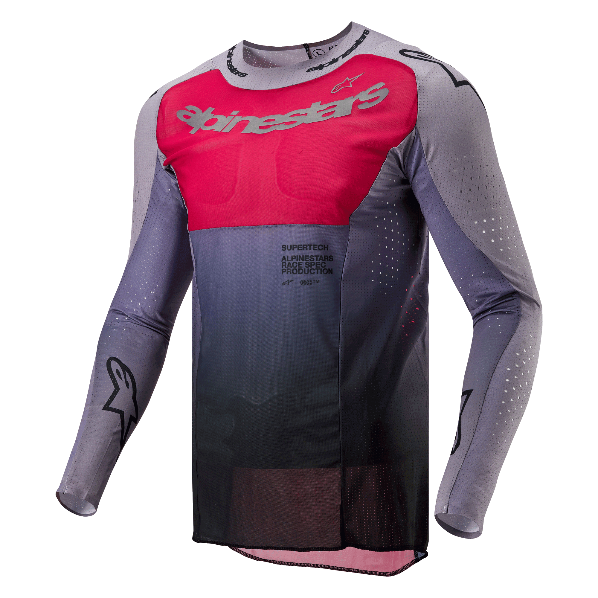 Maillot Alpinestars 2024 Supertech Dade, maillot de motocross, rouge Iron Red Berry et gris, doté d'un empiècement rouge vif sur la poitrine avec logo argenté, dégradé gris foncé à la taille, perforations découpées au laser sur les manches et les côtés, et une coupe de course athlétique.