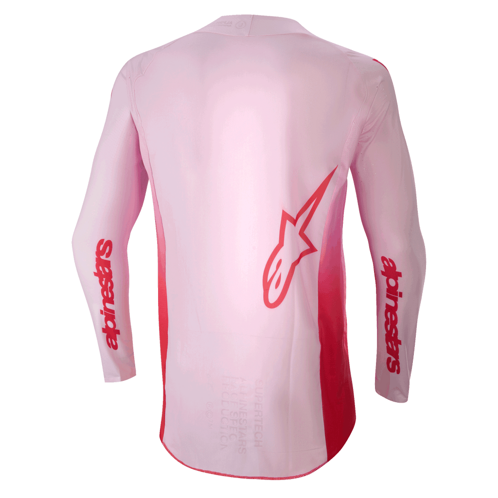Alpinestars Supertech Dade Jersey 2024, maillot de motocross, Red Berry Lilac, vue arrière présentant un grand logo Astar rouge dans le dos et un marquage Alpinestars rouge sur les manches, construction en maille extensible légère avec un panneau arrière allongé pour la performance tout-terrain.