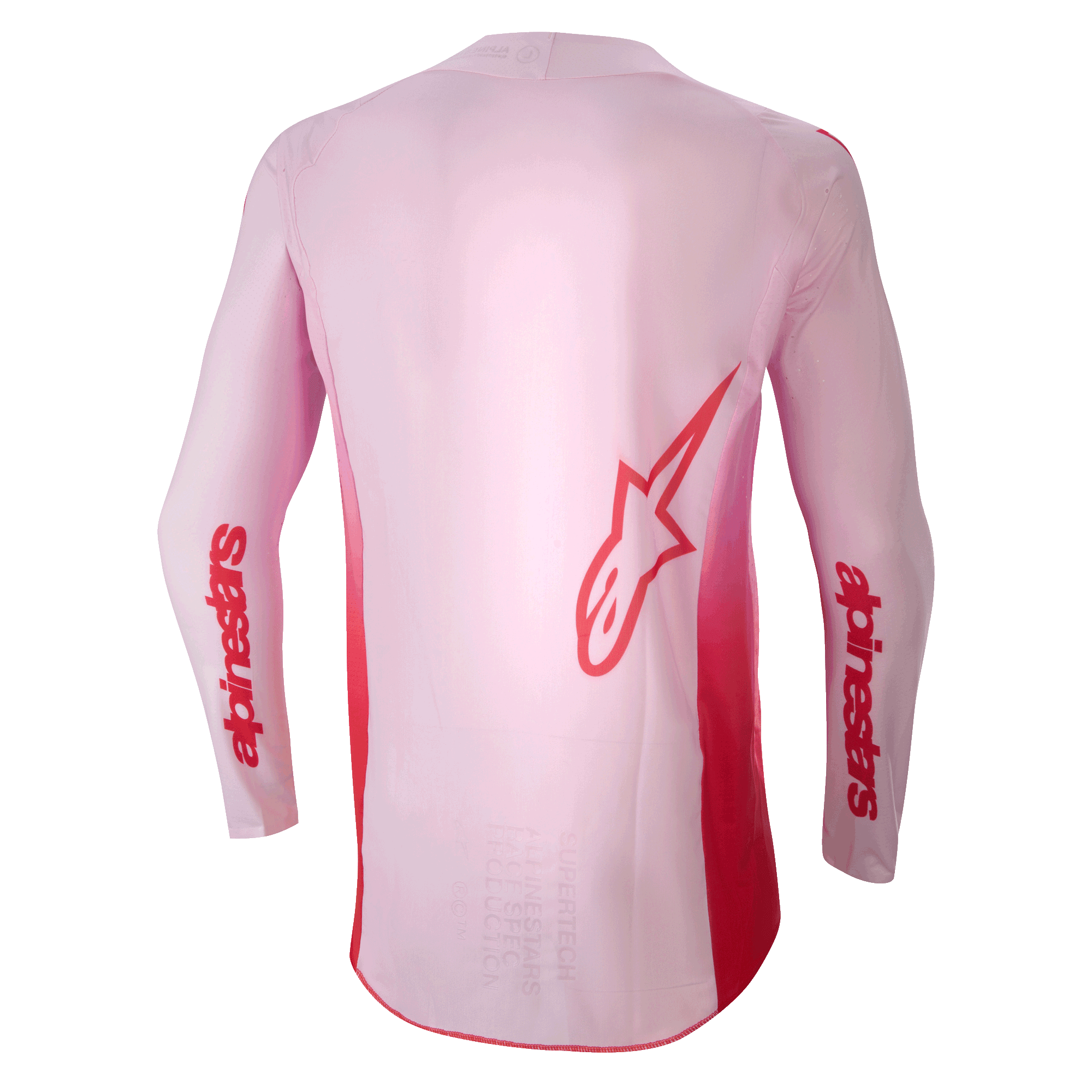 Alpinestars Supertech Dade Jersey 2024, maillot de motocross, Red Berry Lilac, vue arrière présentant un grand logo Astar rouge dans le dos et un marquage Alpinestars rouge sur les manches, construction en maille extensible légère avec un panneau arrière allongé pour la performance tout-terrain.
