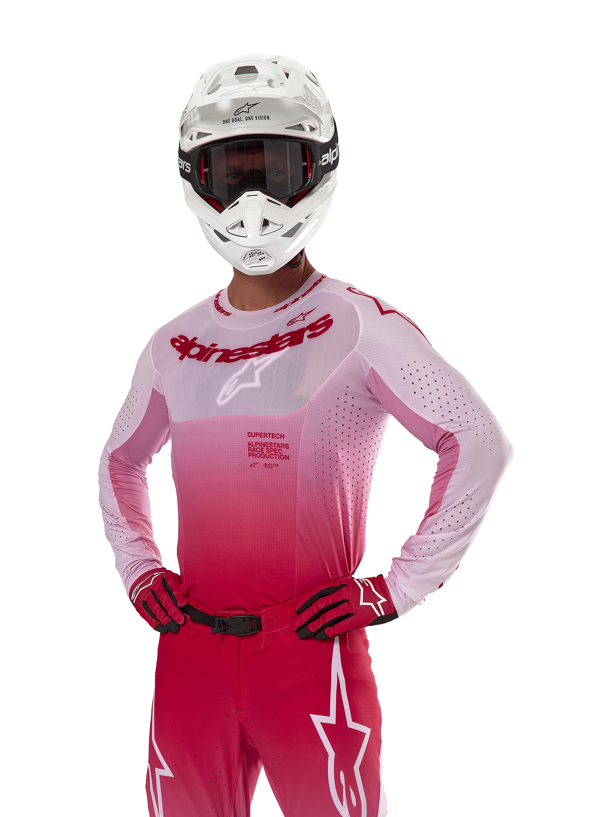 Alpinestars 2024 Supertech Dade Jersey, Motocross Racing Gear, Red Berry Lilac gradient design, long-sleeve jersey with laser-cut perforations, worn by a rider with a white helmet and matching red gloves and pants, professional motocross kit on a white background
