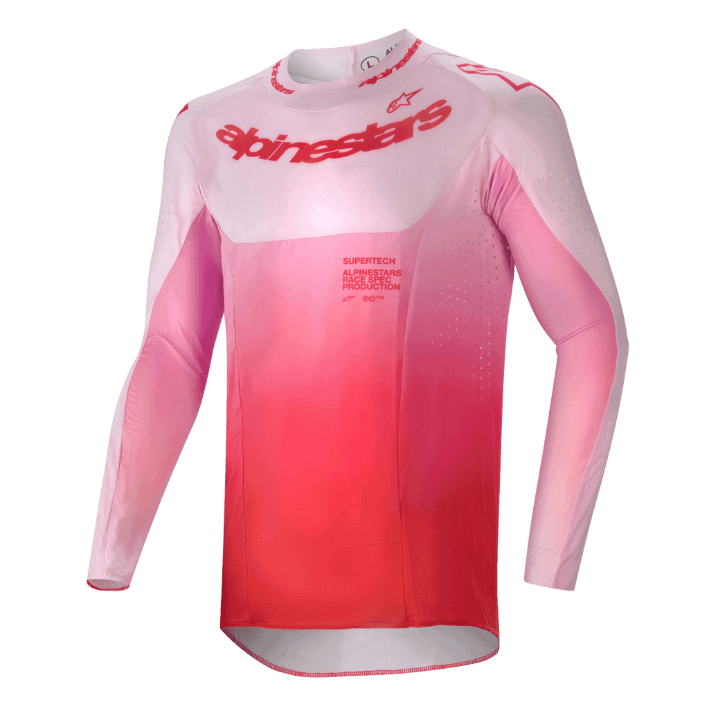 Maillot Alpinestars Supertech Dade 2024, maillot de motocross, rouge berry lilas, présentant un design en dégradé du rose au rouge, coupe athlétique à manches longues avec perforations de ventilation découpées au laser et logo imposant sur la poitrine, vêtement de performance pour le tout-terrain