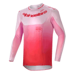 Maillot Alpinestars Supertech Dade 2024, maillot de motocross, rouge berry lilas, présentant un design en dégradé du rose au rouge, coupe athlétique à manches longues avec perforations de ventilation découpées au laser et logo imposant sur la poitrine, vêtement de performance pour le tout-terrain