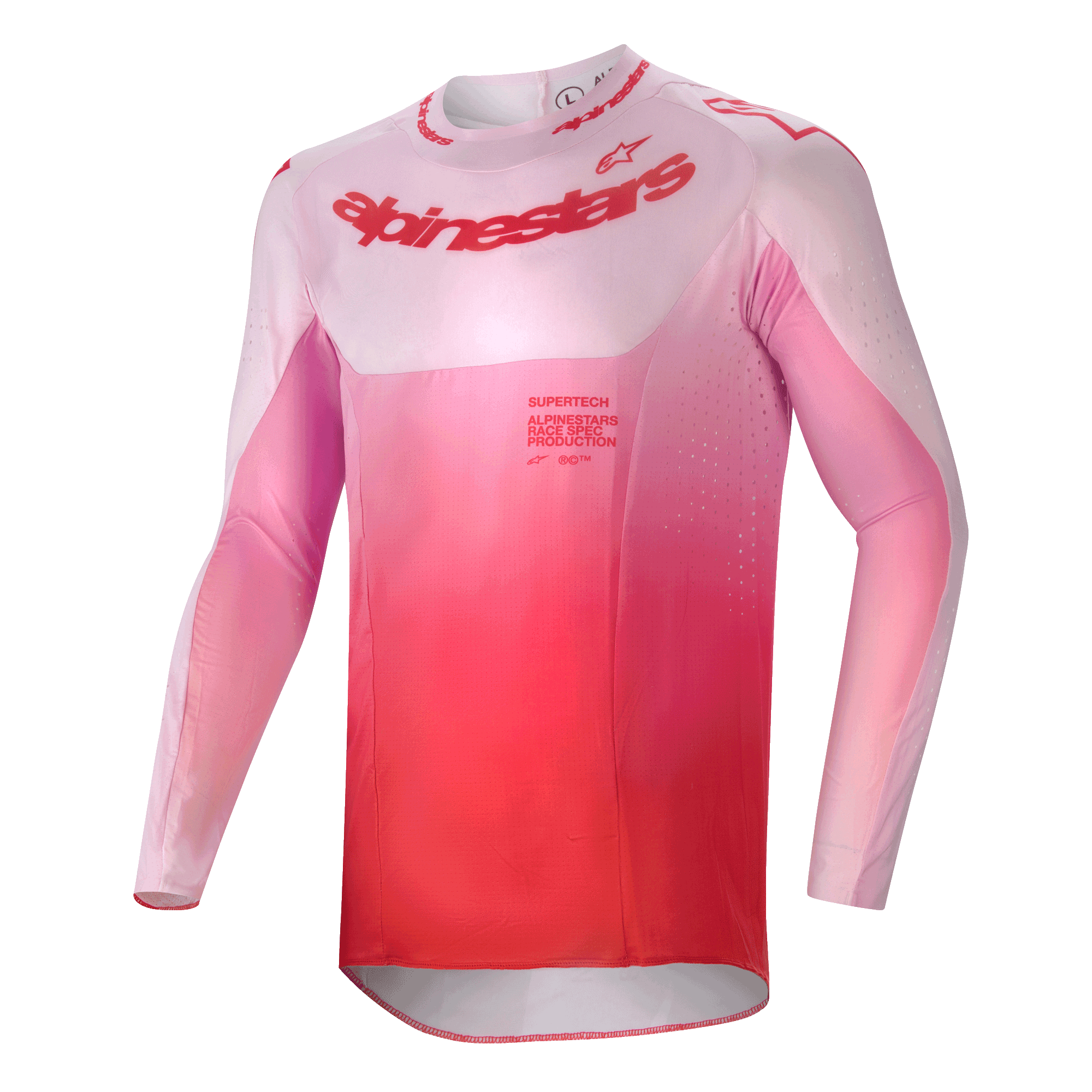 Maillot Alpinestars Supertech Dade 2024, maillot de motocross, rouge berry lilas, présentant un design en dégradé du rose au rouge, coupe athlétique à manches longues avec perforations de ventilation découpées au laser et logo imposant sur la poitrine, vêtement de performance pour le tout-terrain