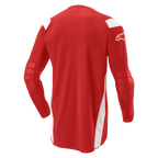 Alpinestars Techdura Jersey, Motocross and Enduro Jersey, Bright Red with white panels, back view showing elongated tail and reinforced elbows, white Alpinestars logo on sleeve, durable off-road performance gear