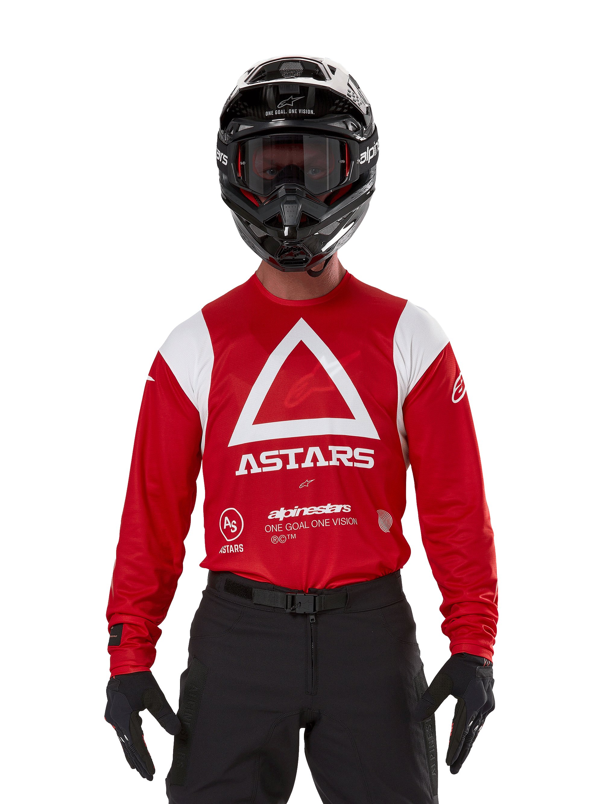 Motocross rider wearing Alpinestars Techdura Jersey, Bright Red with white graphics, featuring a large white triangle and ASTARS logo on the chest, paired with a black helmet, black goggles, and black riding gear, coordinated outfit for enduro and off-road racing
