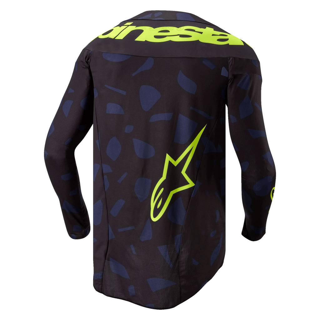 Alpinestars 2024 Techstar Rantera Jersey, Motocross Jersey, Black Navy Yellow Fluo, back view, featuring a navy blue geometric pattern on a black base, bold yellow fluo Alpinestars text across the shoulders and a large star logo on the lower back, technical long-sleeve gear for off-road racing