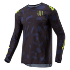 Alpinestars 2024 Techstar Rantera Jersey, Motocross Jersey, Black Navy and Yellow Fluo, long-sleeve athletic fit with abstract pattern, neon yellow branding and text details, designed for off-road performance