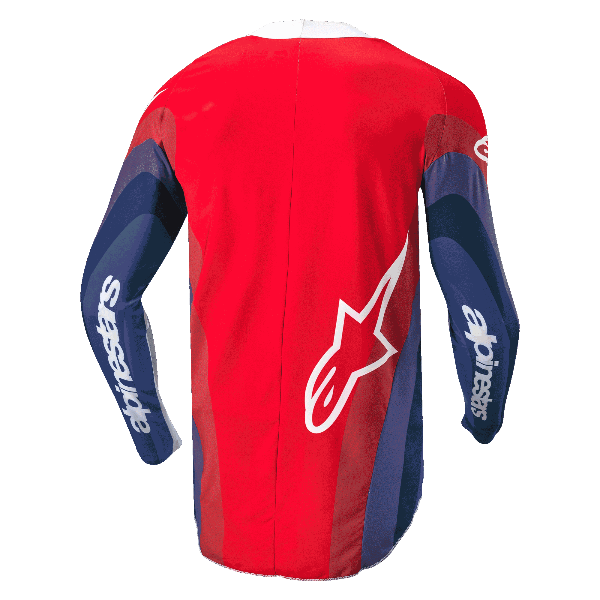 Maillot Alpinestars Techstar Pneuma 2024, maillot de motocross, rouge, bleu et blanc, vue arrière montrant des graphismes ondulés sur les manches, inscription Alpinestars blanche sur les bras et logo Astar sur le bas du dos, conception ergonomique pour le pilotage tout-terrain
