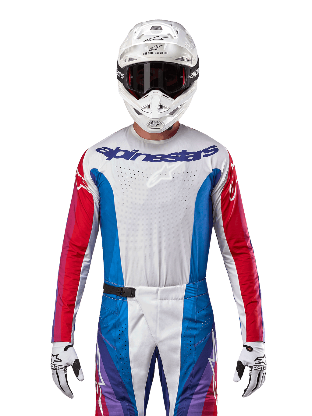 Maillot Alpinestars Techstar Pneuma 2024, maillot de motocross, bleu Mars, rouge et blanc, vue de face porté par un pilote avec casque et gants blancs, avec perforations découpées au laser sur la poitrine et logos distinctifs, vêtement de course athlétique pour le tout-terrain