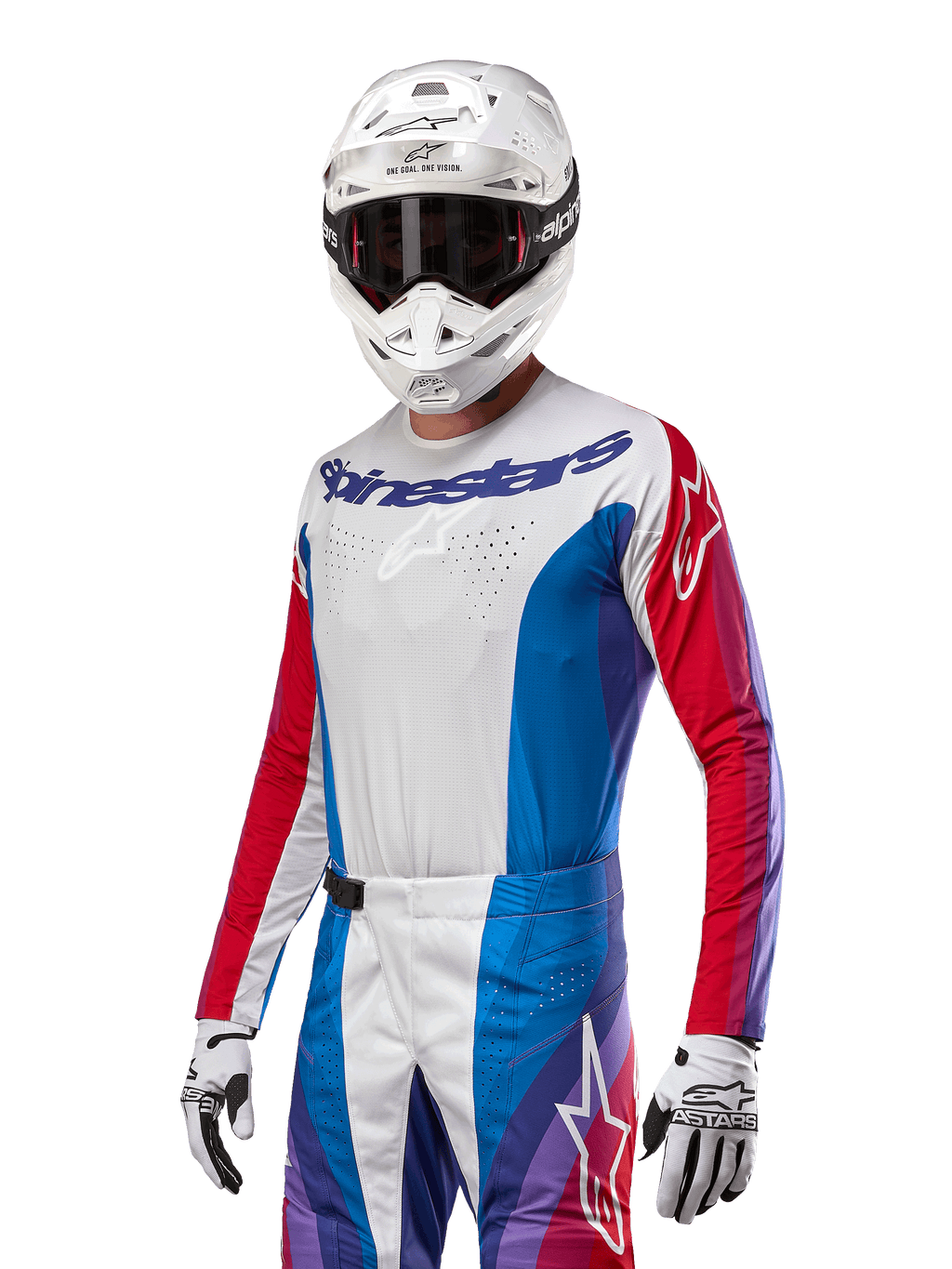 Maillot Alpinestars Techstar Pneuma 2024, maillot de motocross, bleu Mars, rouge et blanc avec des accents violets, coupe athlétique racing, équipement de performance à manches longues porté avec un casque et des gants blancs