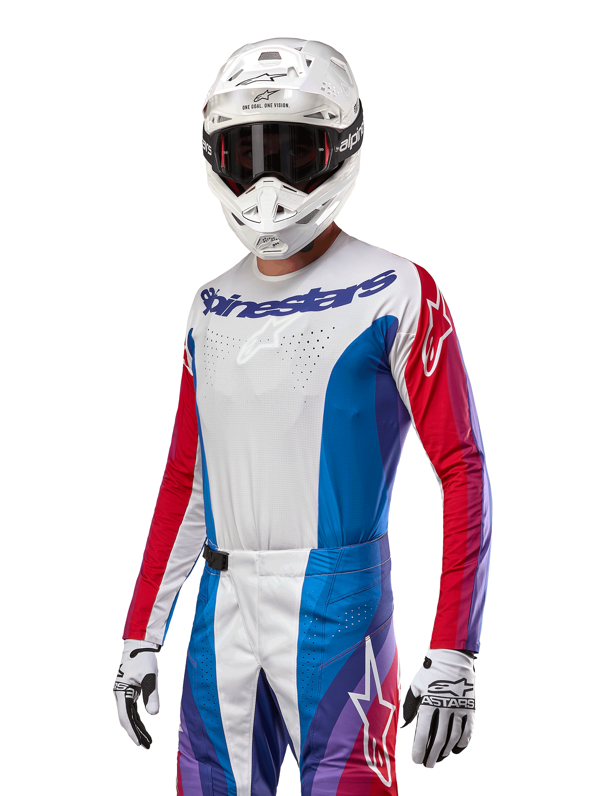 Maillot Alpinestars Techstar Pneuma 2024, maillot de motocross, bleu Mars, rouge et blanc avec des accents violets, coupe athlétique racing, équipement de performance à manches longues porté avec un casque et des gants blancs