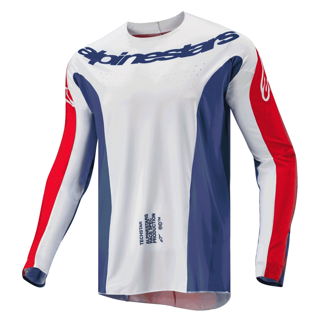 Maillot Alpinestars Techstar Pneuma 2024, maillot de motocross, Bleu Mars, rouge et blanc, corps principal blanc avec panneaux latéraux bleus et détails rouges sur les manches, logo Alpinestars sur la poitrine, coupe athlétique légère pour le tout-terrain