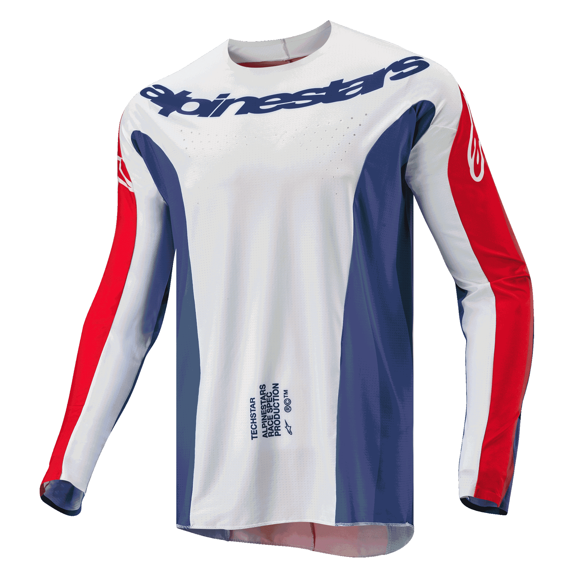 Maillot Alpinestars Techstar Pneuma 2024, maillot de motocross, Bleu Mars, rouge et blanc, corps principal blanc avec panneaux latéraux bleus et détails rouges sur les manches, logo Alpinestars sur la poitrine, coupe athlétique légère pour le tout-terrain