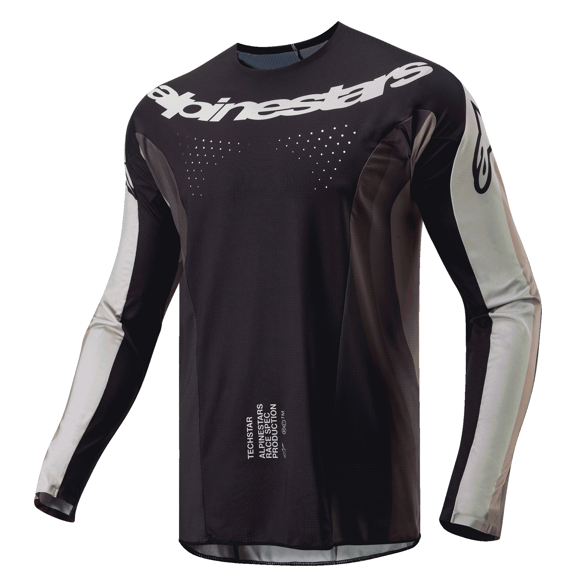 Maillot Alpinestars Techstar Pneuma 2024, maillot de motocross, sable foncé et gris poussière de fer, corps principal noir avec empiècements gris clair sur les manches, logo Alpinestars blanc sur la poitrine, perforations de ventilation découpées au laser, équipement de pilotage tout-terrain haute performance