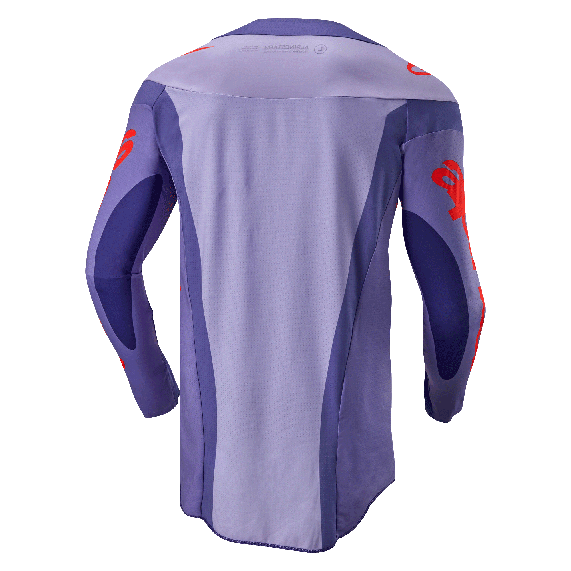 Maillot Alpinestars Techstar Ocuri 2024, maillot de motocross, pourpre et orange vif, vue de dos avec design multi-panneaux pourpre, logos orange sur les manches et les épaules, et dos rallongé pour la performance en course tout-terrain.