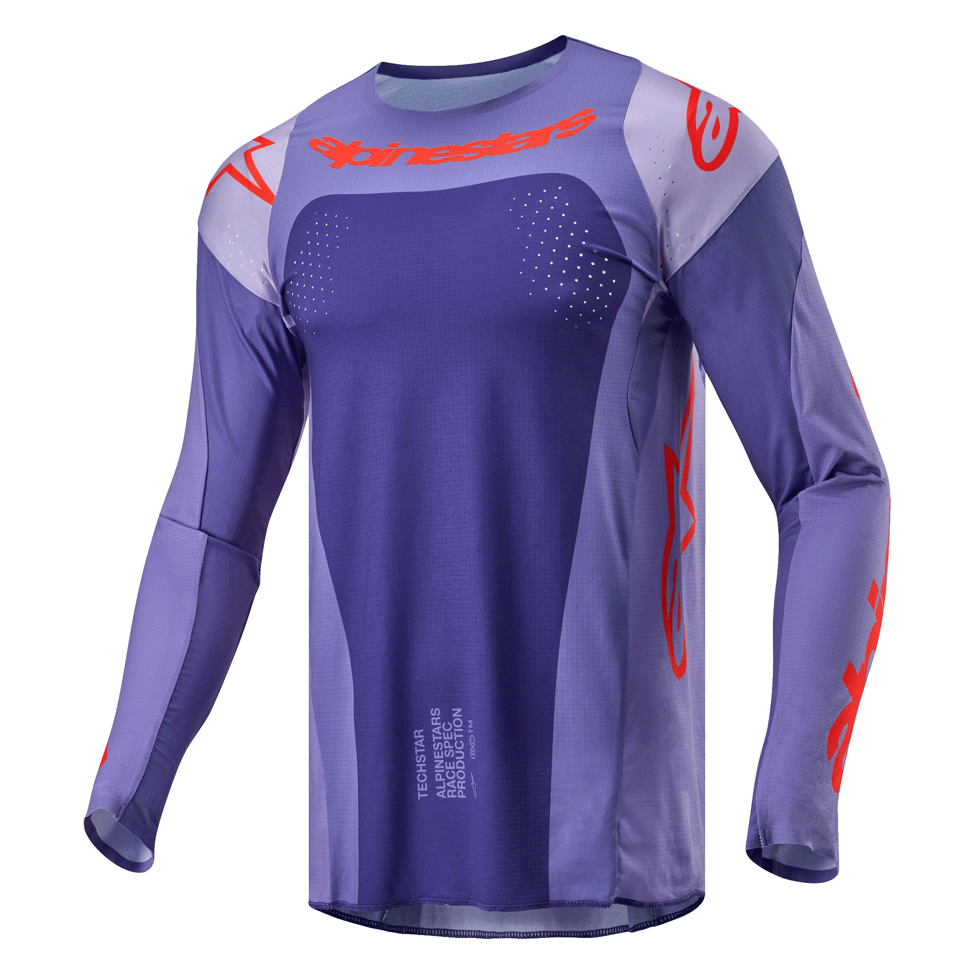 Maillot Alpinestars Techstar Ocuri 2024, maillot de motocross, pourpre et orange vif, coupe athlétique à manches longues avec perforations découpées au laser, marquage orange vif sur la poitrine et les manches, poly-tissu évacuant l'humidité pour la course tout-terrain