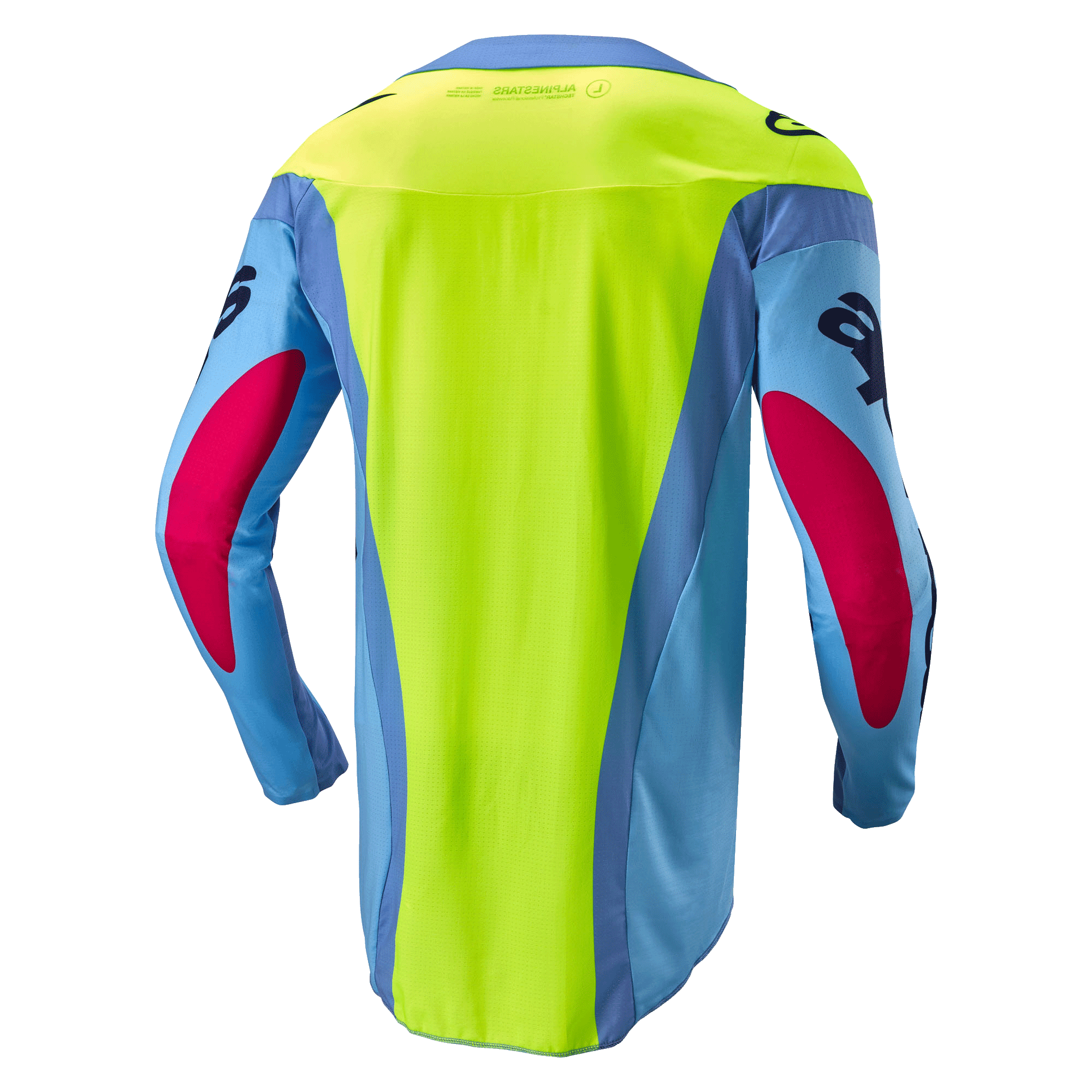 Alpinestars 2024 Techstar Ocuri Jersey, Motocross Jersey, Light Blue, Yellow Fluo and Red Berry, rear view showing a bright neon yellow back panel, light blue sleeves with red berry accents, and ergonomic athletic fit for off-road performance.