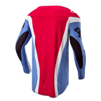 Maillot Alpinestars Techstar Ocuri 2024, maillot de motocross, bleu clair, rouge mars et blanc, vue arrière montrant la coupe athlétique de course, panneau arrière allongé et graphismes noirs sur les manches