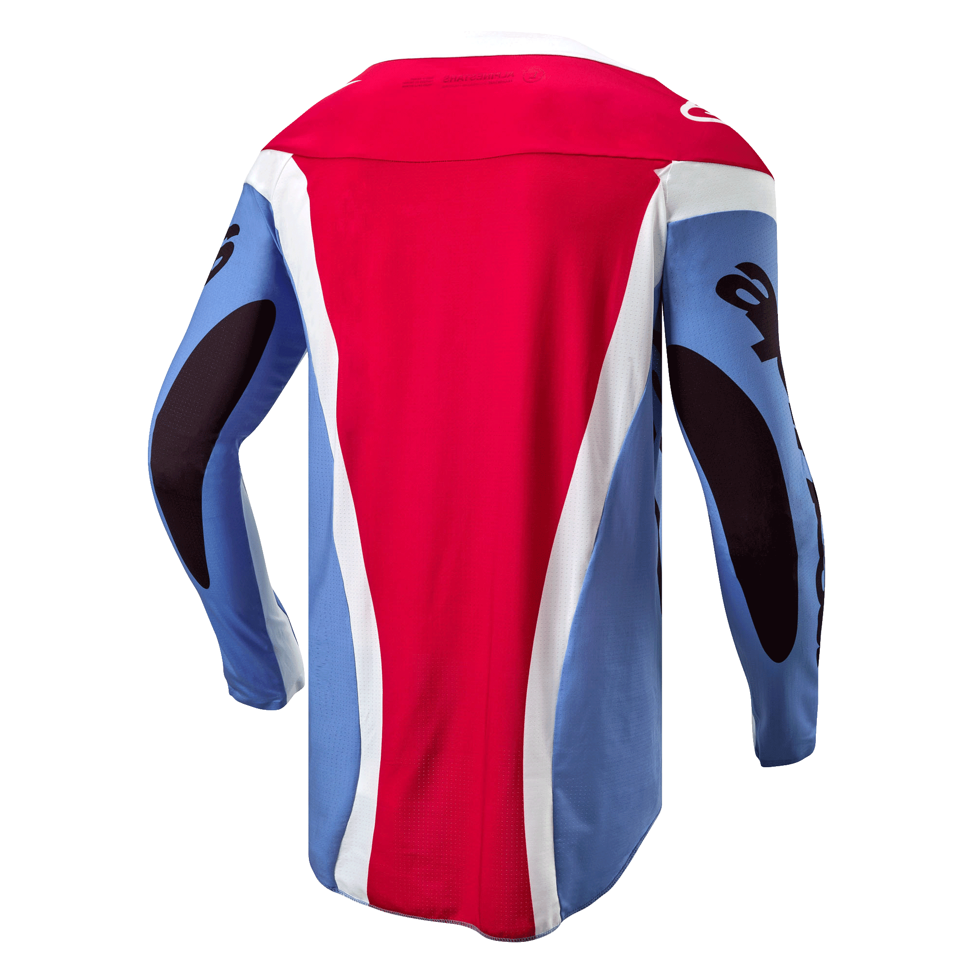 Maillot Alpinestars Techstar Ocuri 2024, maillot de motocross, bleu clair, rouge mars et blanc, vue arrière montrant la coupe athlétique de course, panneau arrière allongé et graphismes noirs sur les manches