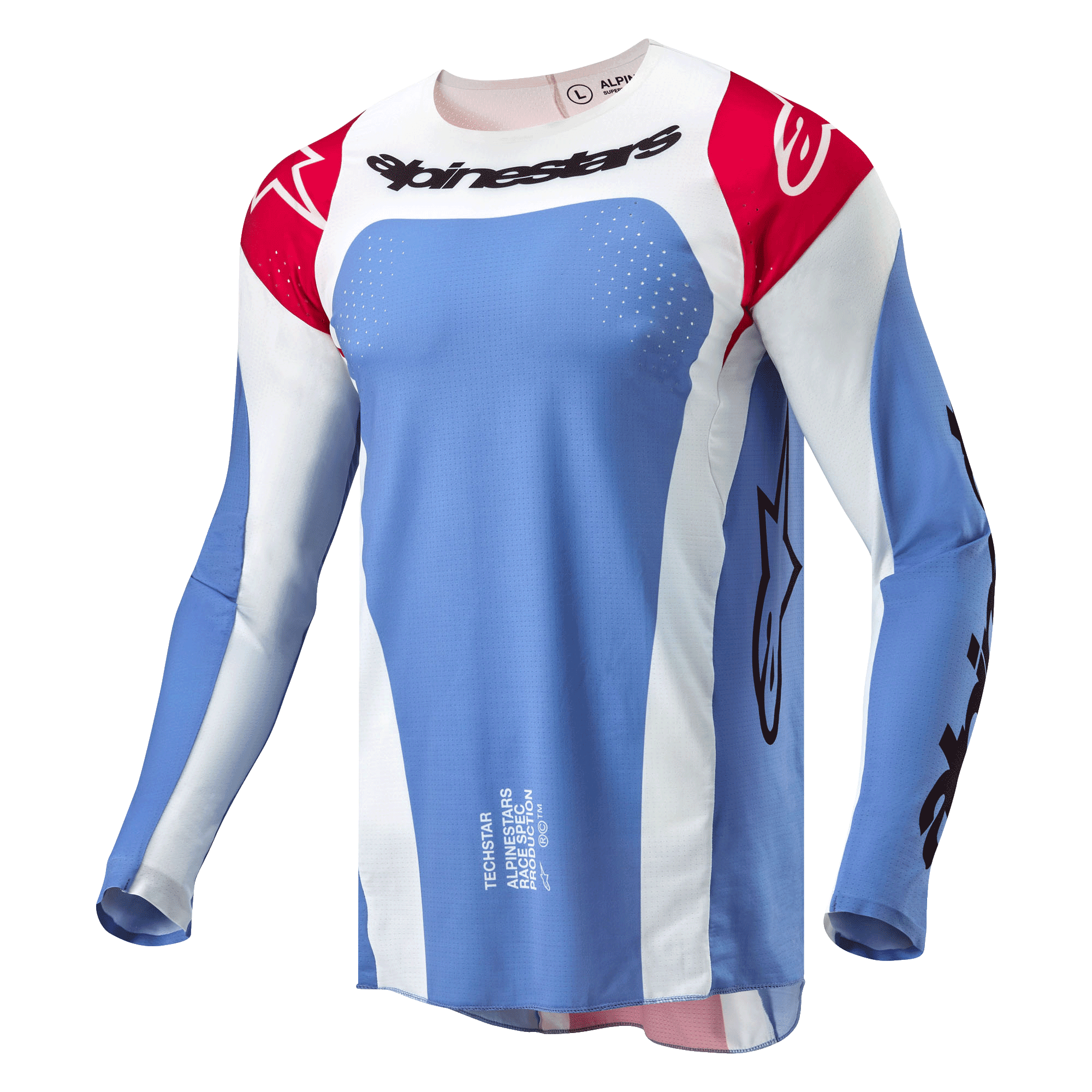 Maillot Alpinestars Techstar Ocuri 2024, maillot de motocross, bleu clair, rouge Mars et blanc, logo Alpinestars noir sur la poitrine, épaules rouges avec logos blancs, perforations découpées au laser pour la ventilation