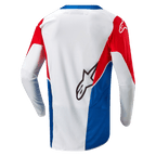 Alpinestars Maillot Honda Racer Iconic, maillot de moto tout-terrain, blanc, bleu vif et rouge vif, vue de dos montrant l'ourlet allongé et la construction légère évacuant l'humidité