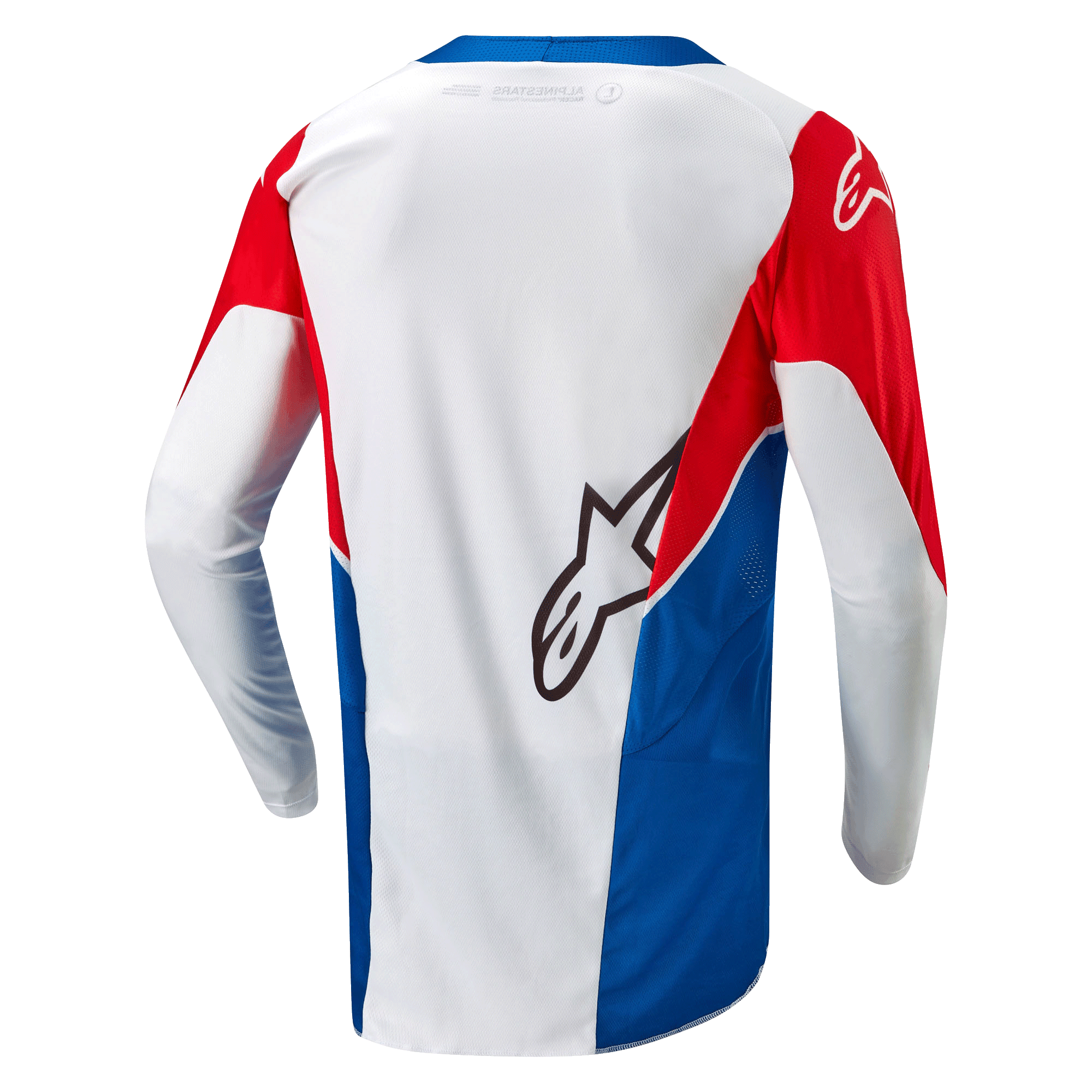 Alpinestars Maillot Honda Racer Iconic, maillot de moto tout-terrain, blanc, bleu vif et rouge vif, vue de dos montrant l'ourlet allongé et la construction légère évacuant l'humidité