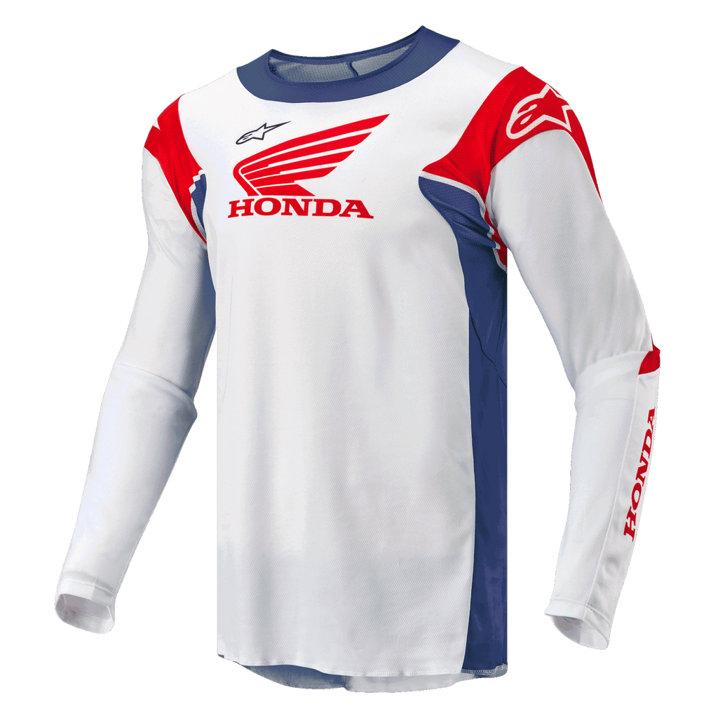 Maillot Honda Racer Iconic, maillot de moto tout-terrain pour homme, blanc avec des accents bleu vif et rouge vif, construction synthétique évacuant l'humidité et marquage officiel Honda