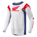 Maillot Honda Racer Iconic, maillot de moto tout-terrain pour homme, blanc avec des accents bleu vif et rouge vif, construction synthétique évacuant l'humidité et marquage officiel Honda