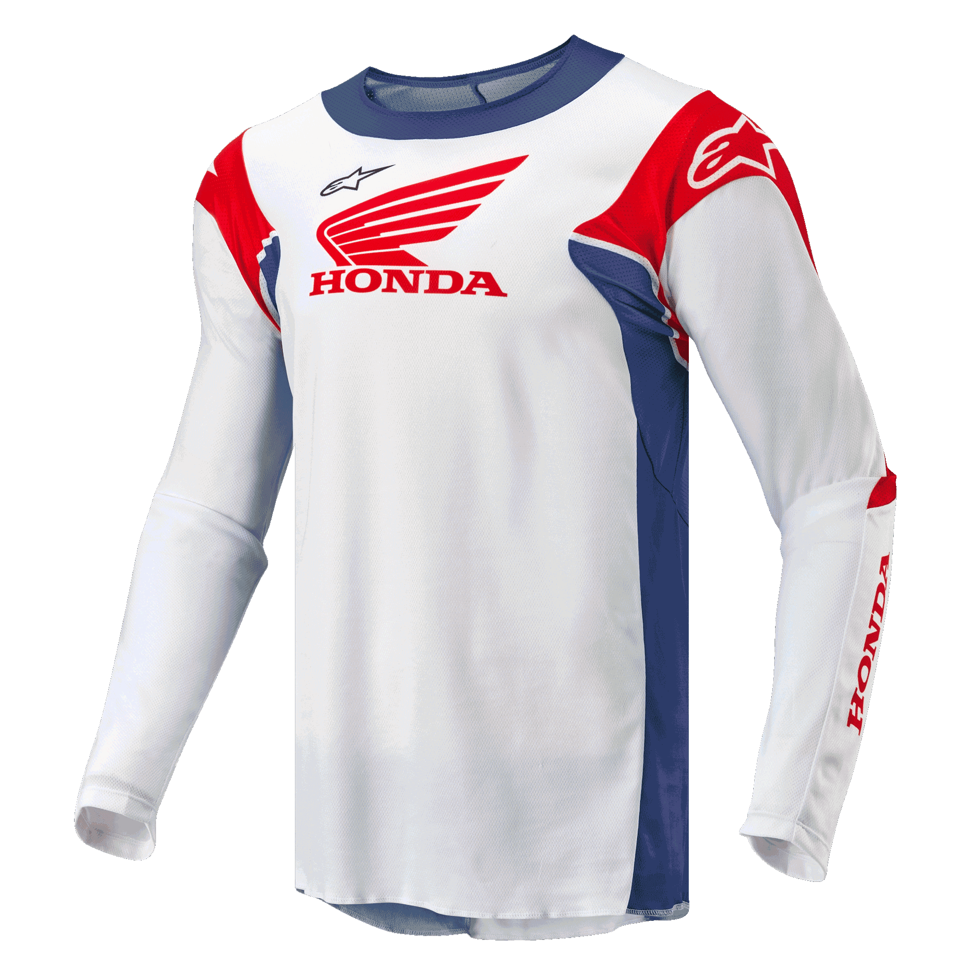 Maillot Honda Racer Iconic, maillot de moto tout-terrain pour homme, blanc avec des accents bleu vif et rouge vif, construction synthétique évacuant l'humidité et marquage officiel Honda