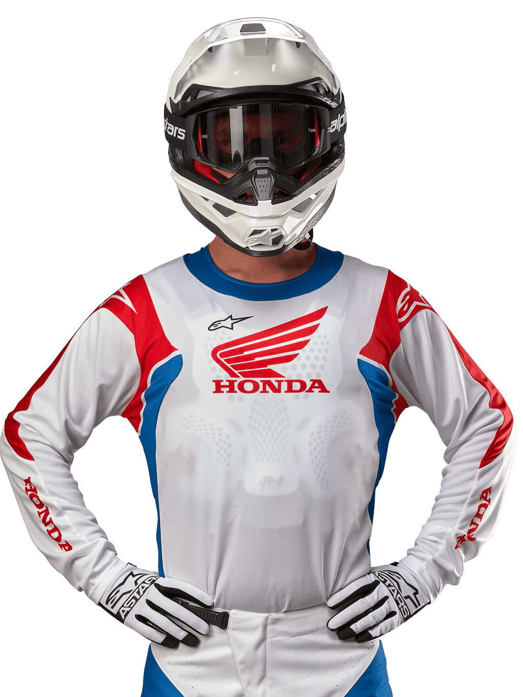 Maillot Honda Racer Iconic, maillot de motocross blanc avec un logo Honda rouge et des accents bleu et rouge vifs, porté par un pilote avec un casque et des gants blancs, équipement de performance pour le tout-terrain et le motocross
