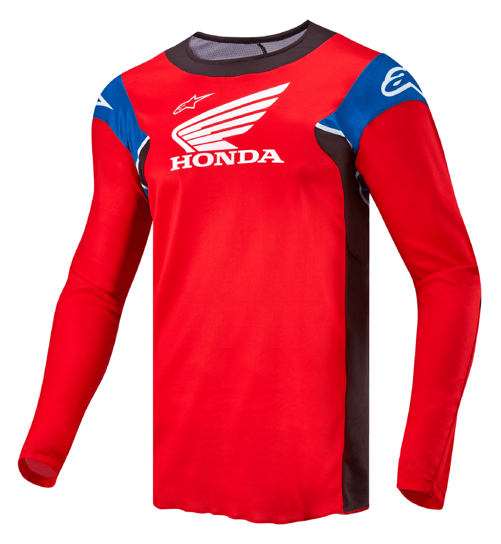 Alpinestars Maillot Honda Racer Iconic, maillot de moto cross à manches longues pour homme, rouge vif avec des accents noirs, bleus et blancs, avec logos Honda et Alpinestars