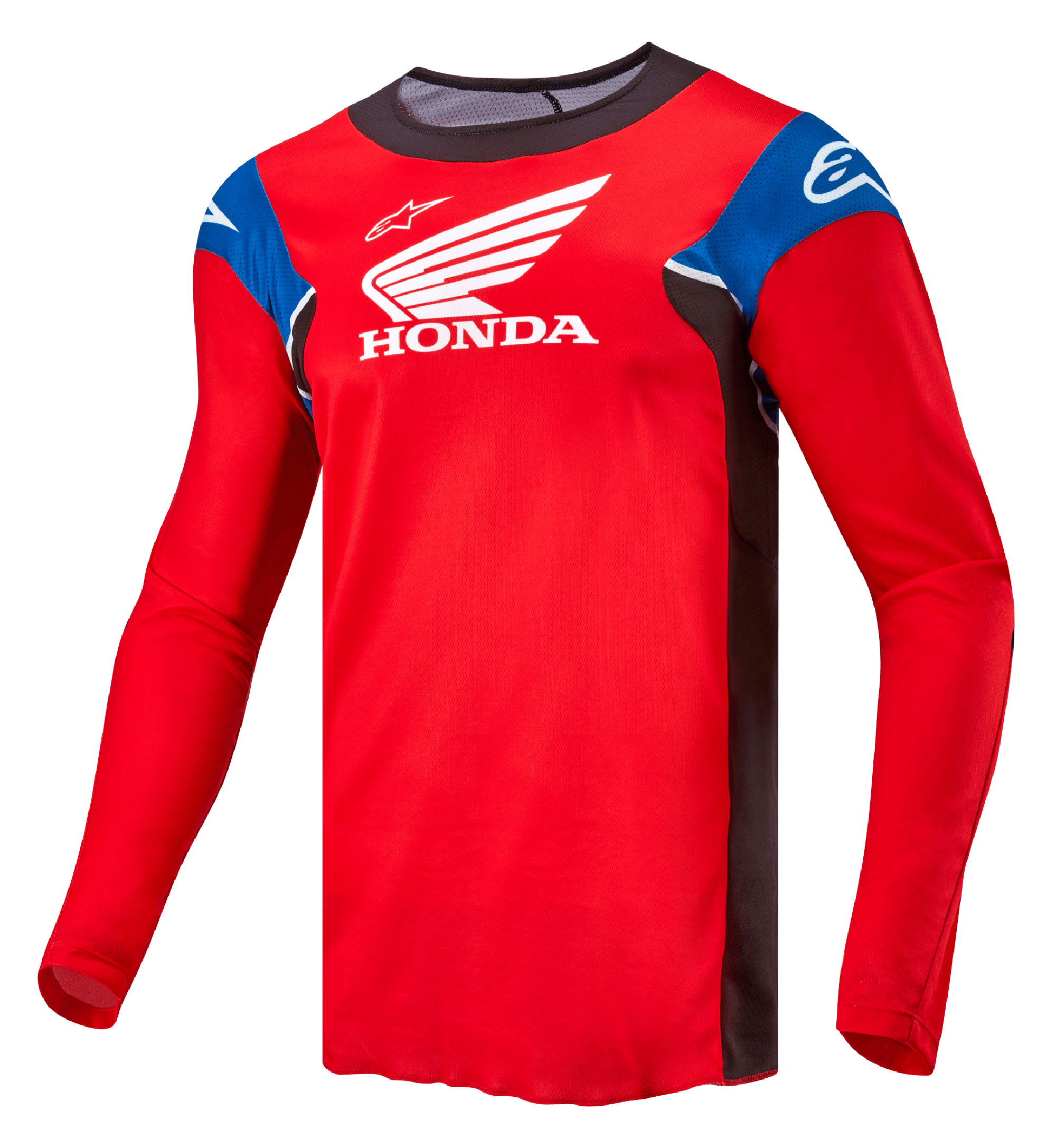 Alpinestars Maillot Honda Racer Iconic, maillot de moto cross à manches longues pour homme, rouge vif avec des accents noirs, bleus et blancs, avec logos Honda et Alpinestars