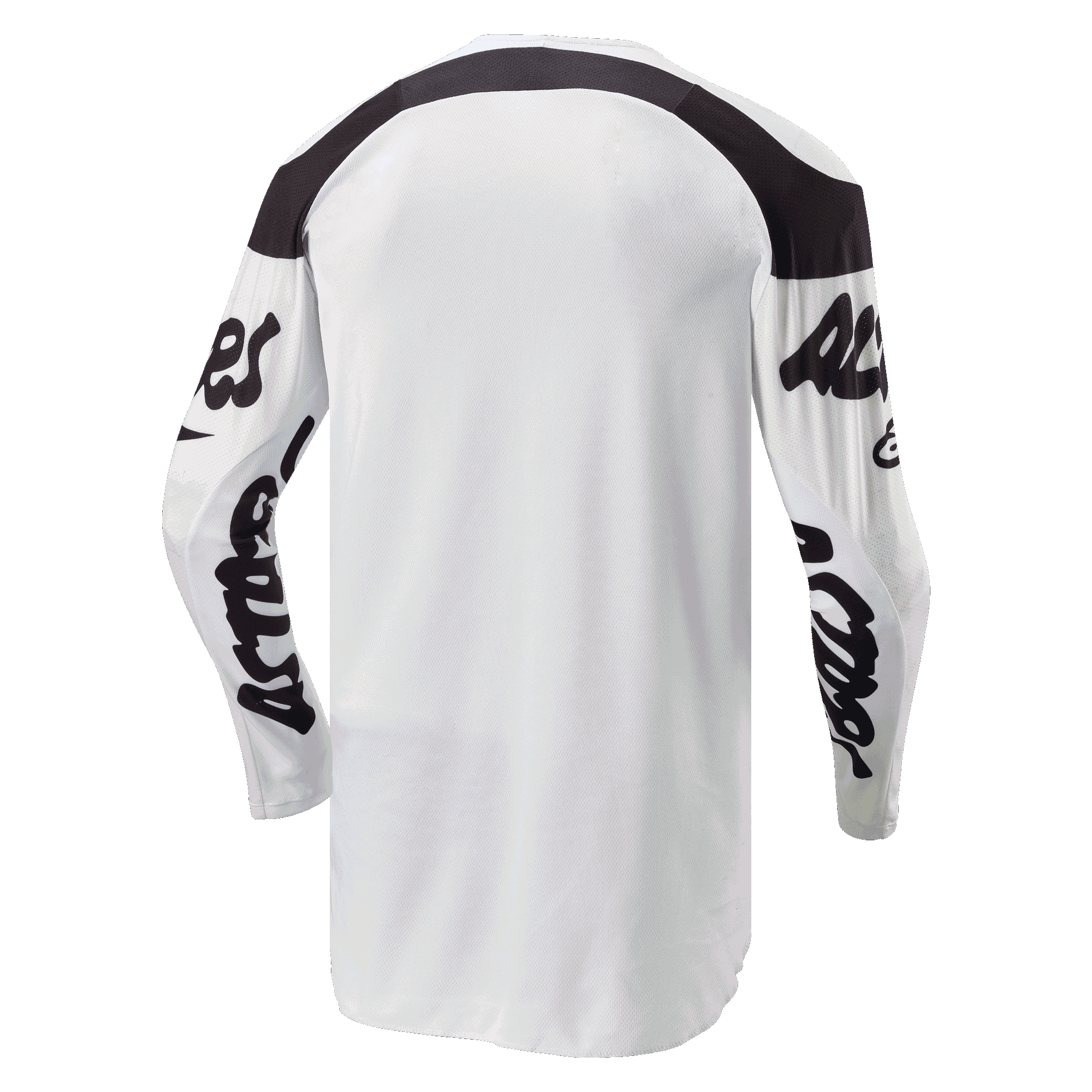 Maillot Alpinestars Racer Hana 2024, maillot de motocross, blanc et noir, vue arrière avec coupe plus longue pour une meilleure couverture, empiècements noirs aux épaules et logos manuscrits noirs sur les manches, tissu durable évacuant l'humidité pour la performance tout-terrain