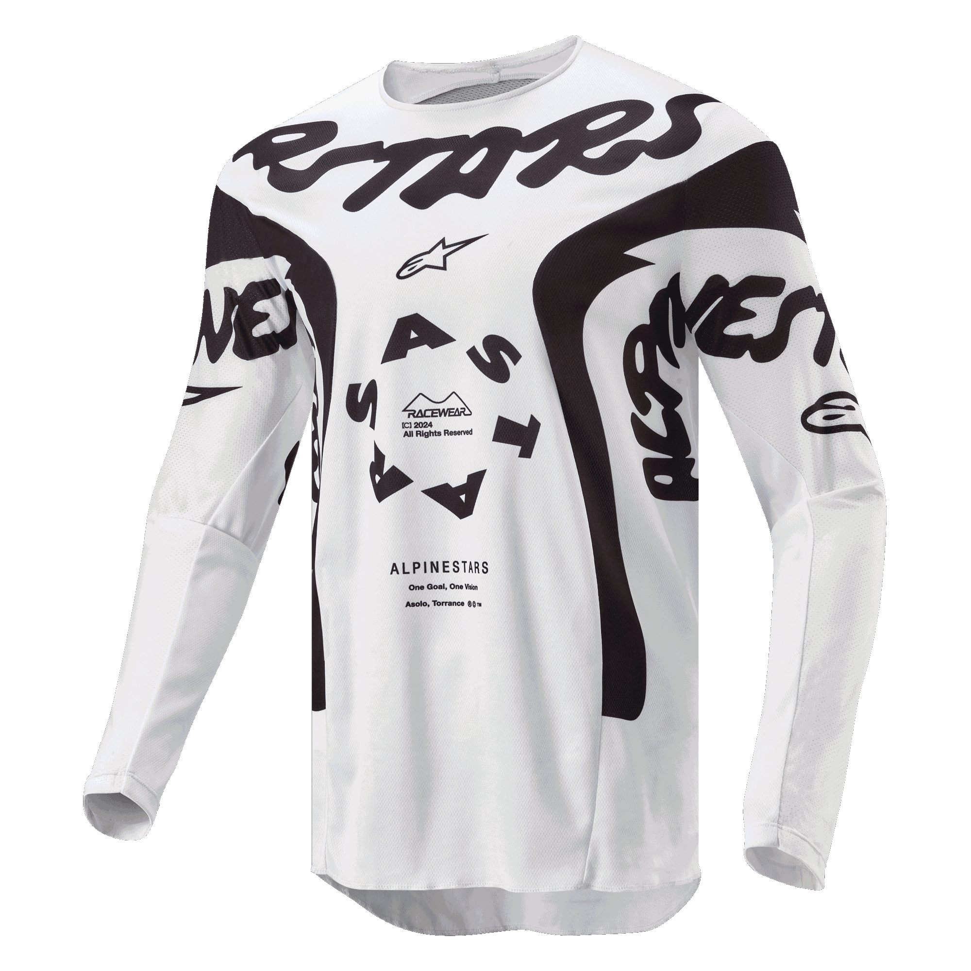 Maillot Alpinestars Racer Hana 2024, maillot de motocross, blanc et noir, avec un marquage Alpinestars noir audacieux sur la poitrine, un logo ASTARS circulaire et des panneaux en maille technique pour la performance tout-terrain