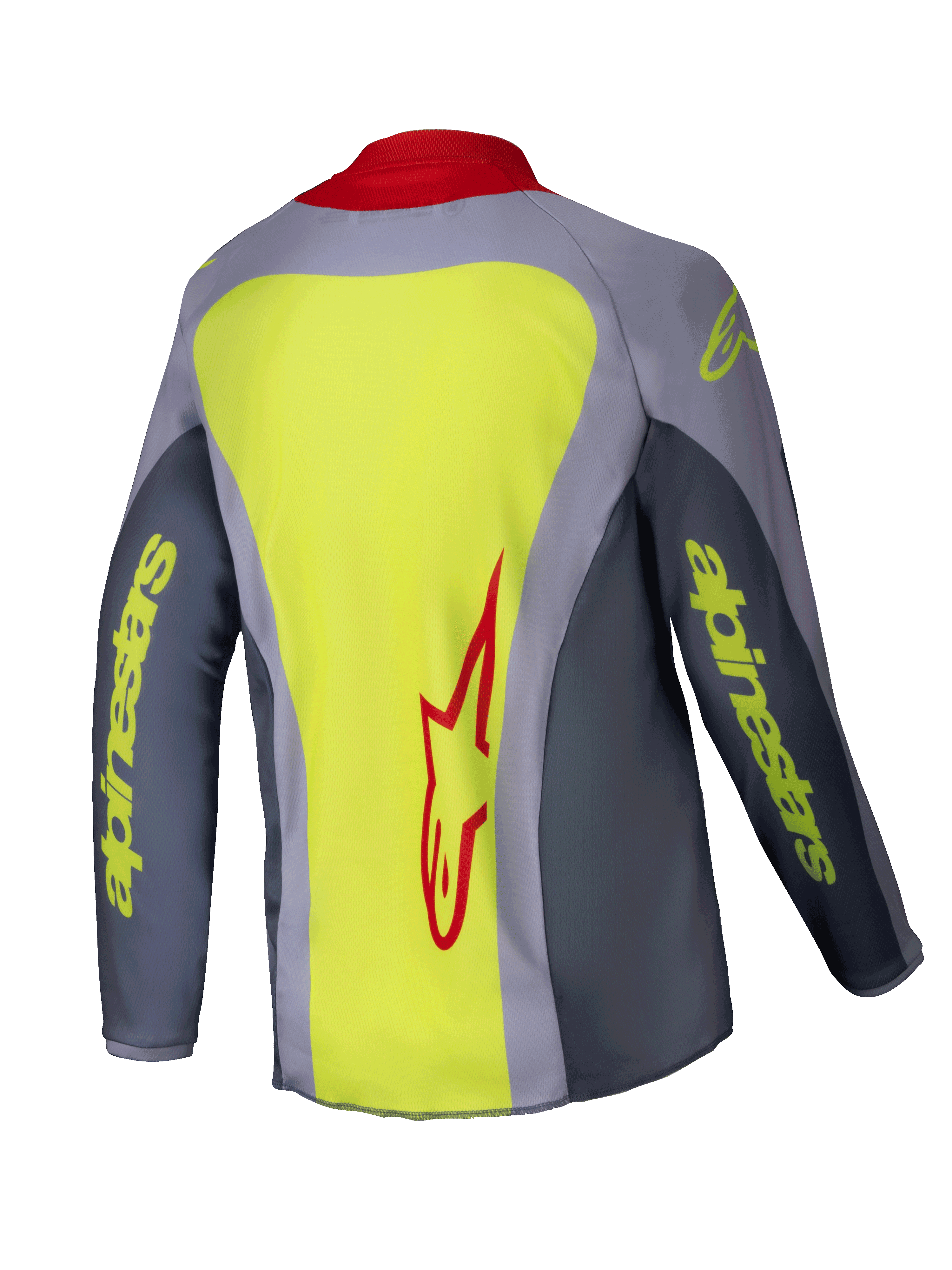 Alpinestars 2025 Youth Racer Melt Jersey, Motocross Jersey, Bright Red Gray, back view showing a large neon yellow panel with a red Alpinestars logo, gray sleeves with neon yellow branding, red collar, technical athletic fit for off-road racing