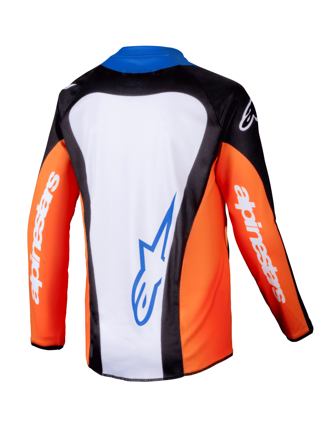 Alpinestars 2025 Youth Racer Melt Jersey, maillot de motocross, orange, bleu et blanc, vue arrière montrant le panneau dorsal blanc avec logo bleu, manches orange avec marquage blanc, conception ergonomique pour la conduite tout-terrain des jeunes