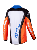 Alpinestars 2025 Youth Racer Melt Jersey, maillot de motocross, orange, bleu et blanc, vue arrière montrant le panneau dorsal blanc avec logo bleu, manches orange avec marquage blanc, conception ergonomique pour la conduite tout-terrain des jeunes