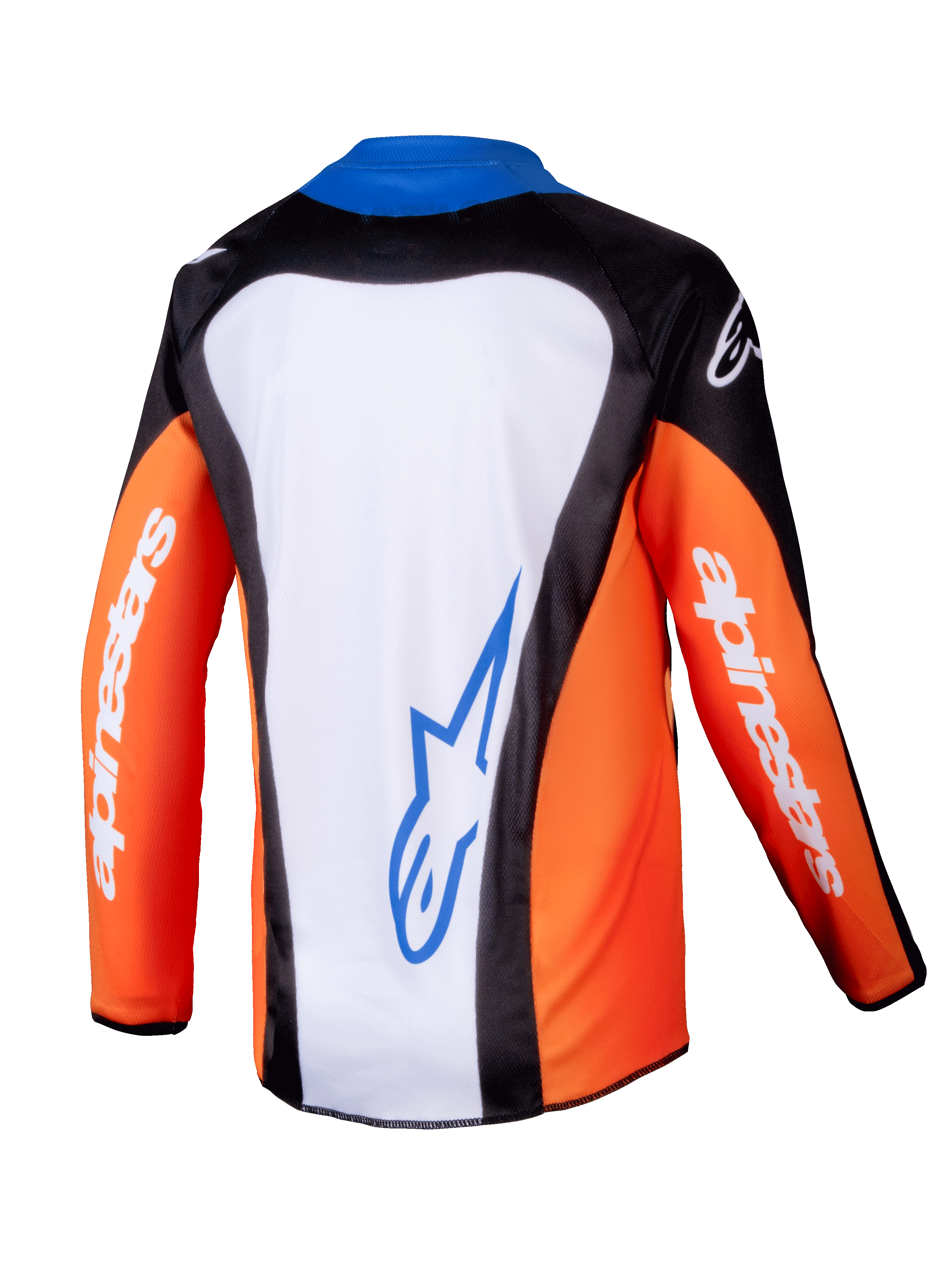 Alpinestars 2025 Youth Racer Melt Jersey, maillot de motocross, orange, bleu et blanc, vue arrière montrant le panneau dorsal blanc avec logo bleu, manches orange avec marquage blanc, conception ergonomique pour la conduite tout-terrain des jeunes