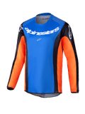 Alpinestars 2025 Youth Racer Melt Jersey, maillot de motocross à manches longues pour enfant, torse bleu vif avec manches orange et empiècements latéraux noirs, logo Alpinestars blanc sur la poitrine et les épaules, tissu léger évacuant l'humidité pour le tout-terrain