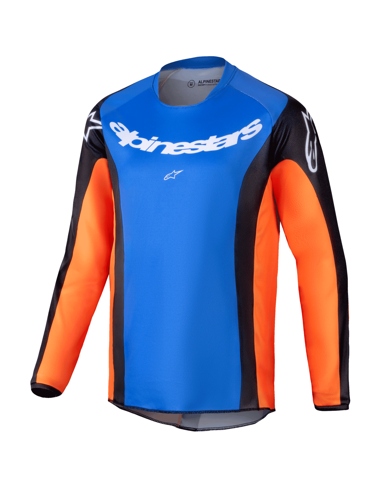 Alpinestars 2025 Youth Racer Melt Jersey, maillot de motocross à manches longues pour enfant, torse bleu vif avec manches orange et empiècements latéraux noirs, logo Alpinestars blanc sur la poitrine et les épaules, tissu léger évacuant l'humidité pour le tout-terrain