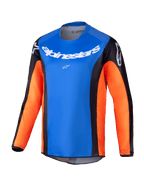 Alpinestars 2025 Youth Racer Melt Jersey, maillot de motocross à manches longues pour enfant, torse bleu vif avec manches orange et empiècements latéraux noirs, logo Alpinestars blanc sur la poitrine et les épaules, tissu léger évacuant l'humidité pour le tout-terrain
