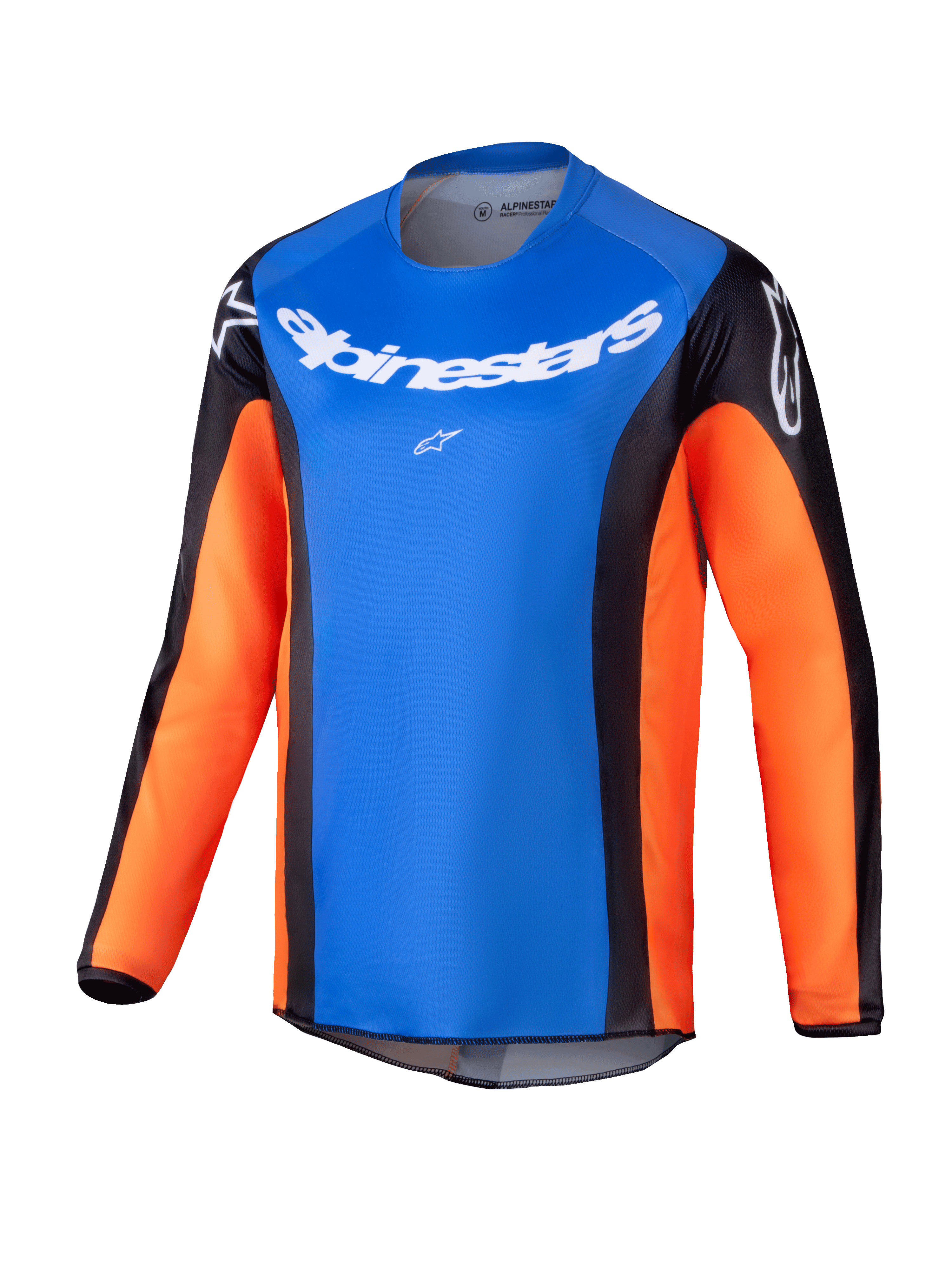 Alpinestars 2025 Youth Racer Melt Jersey, maillot de motocross à manches longues pour enfant, torse bleu vif avec manches orange et empiècements latéraux noirs, logo Alpinestars blanc sur la poitrine et les épaules, tissu léger évacuant l'humidité pour le tout-terrain