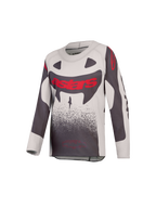 Alpinestars 2027 Youth Supertech Swan Jersey, motocross racing gear, gray and red fluo, lightweight ventilated stretch mesh.