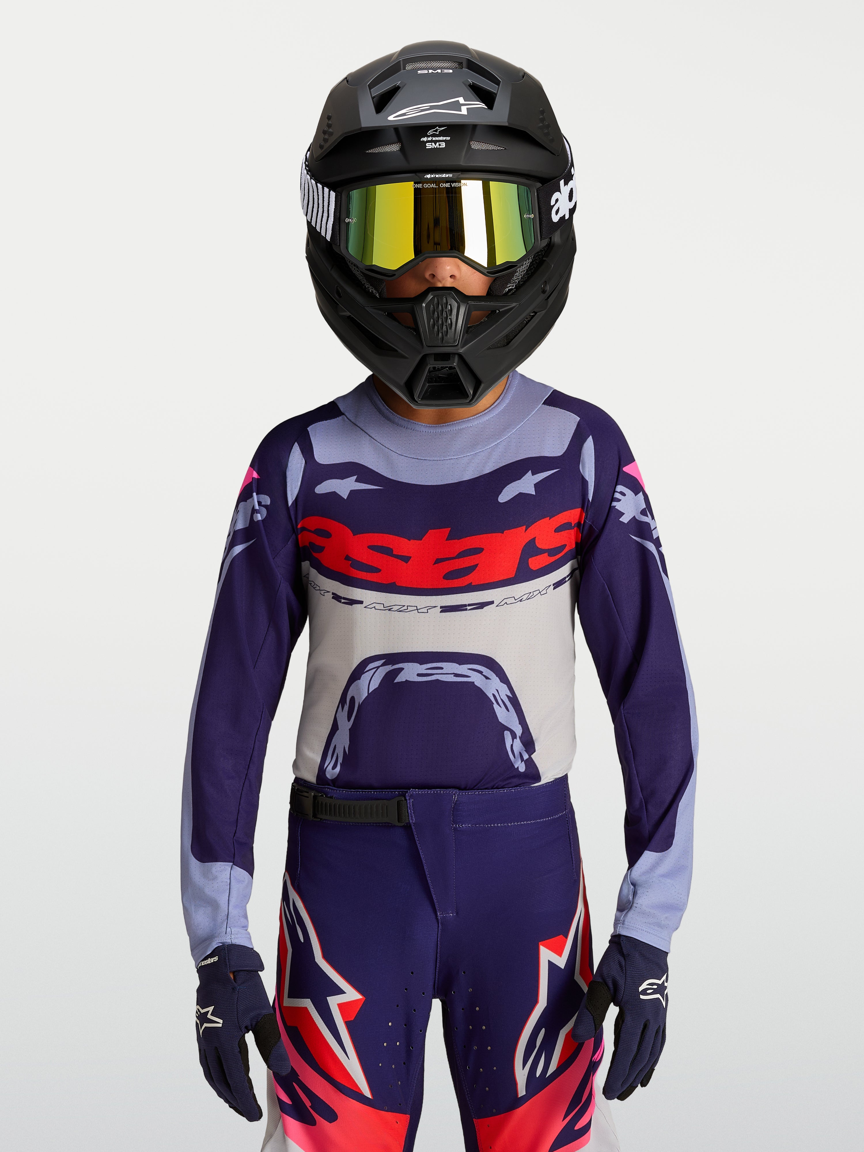 Alpinestars Youth Supertech Dyna Jersey, purple and grey motocross jersey featuring an athletic race fit and mesh fabric.