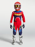 Alpinestars Youth Supertech Dyna Jersey and Gear Set, Fire Red and Navy Blue motocross racing outfit for young riders.