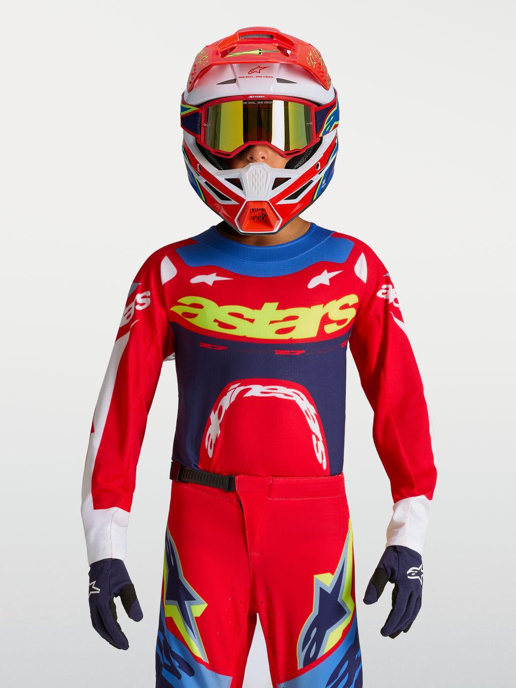 Maillot Supertech Dyna Junior 2027, maillot de motocross rouge et bleu marine en mesh respirant pour junior.