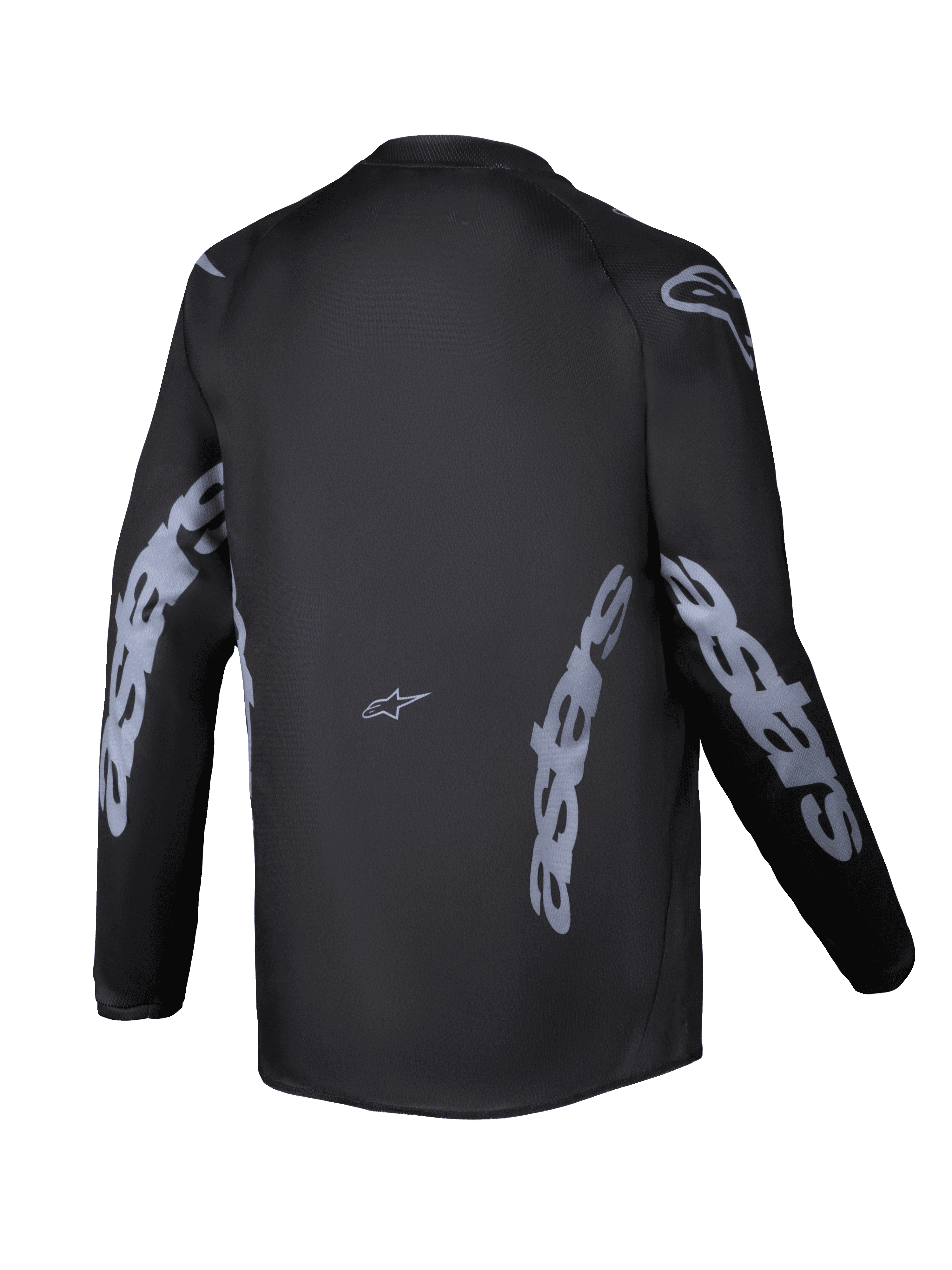 Maillot Alpinestars 2025 Youth Racer Graphite, vue arrière, noir et gris, maillot de motocross à manches longues avec logo Alpinestars gris sur les manches et les côtés, tissu évacuant l'humidité avec coupe plus longue à l'arrière pour la conduite tout-terrain