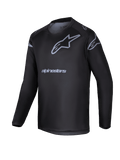 Alpinestars 2025 Youth Racer Graphite Jersey, maillot de motocross à manches longues noir et gris, doté d'un logo étoile gris et du nom de la marque, équipement de performance léger pour la conduite tout-terrain des jeunes
