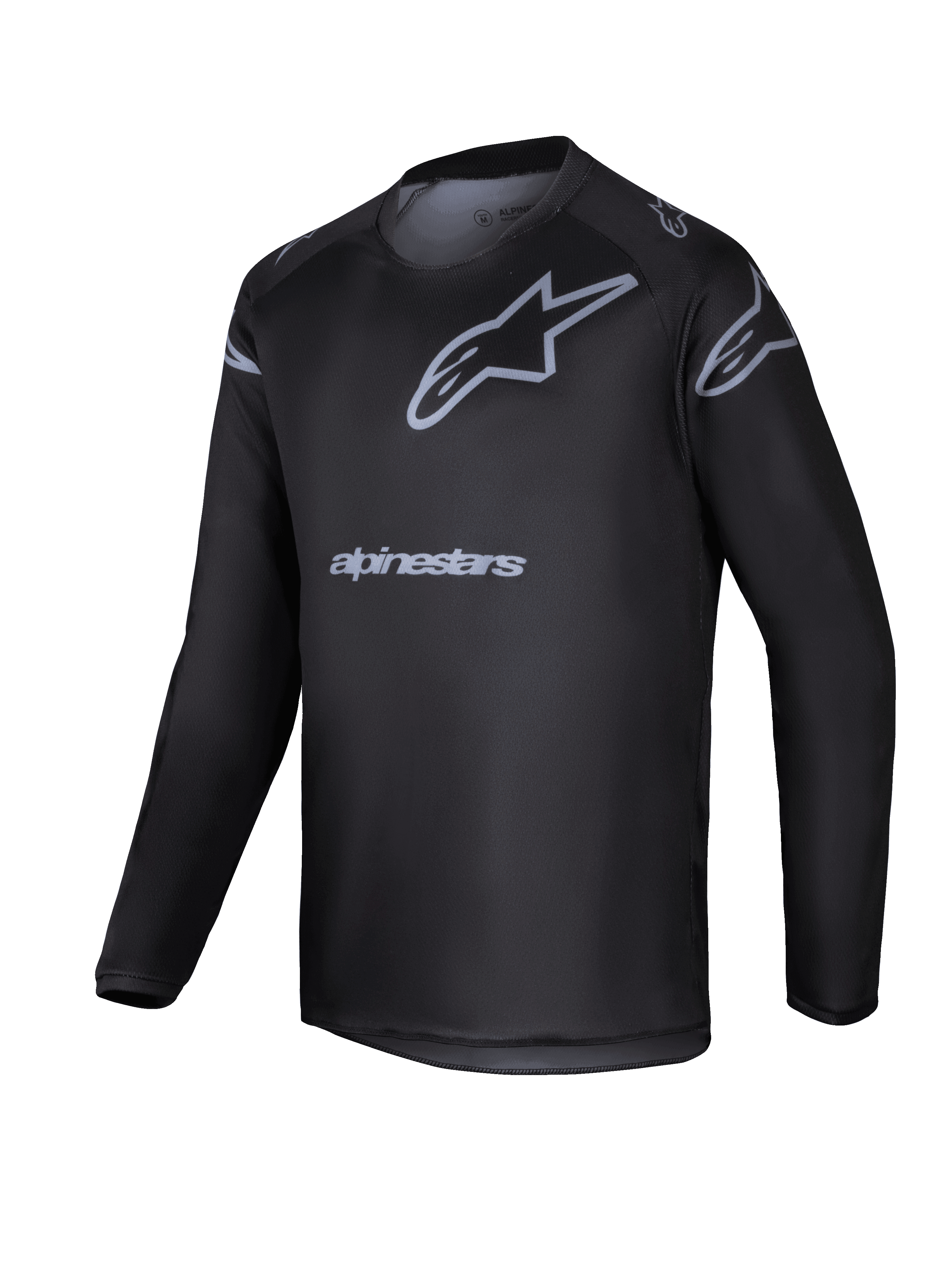 Alpinestars 2025 Youth Racer Graphite Jersey, maillot de motocross à manches longues noir et gris, doté d'un logo étoile gris et du nom de la marque, équipement de performance léger pour la conduite tout-terrain des jeunes